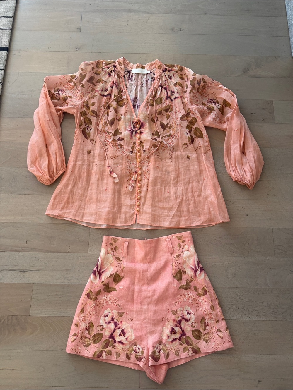 Zimmermann Peach Floral Oversized V-neck Tunic and Shorts Set - Picture 2 of 5